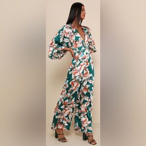 Teal Floral Print Wide-Leg Jumpsuit